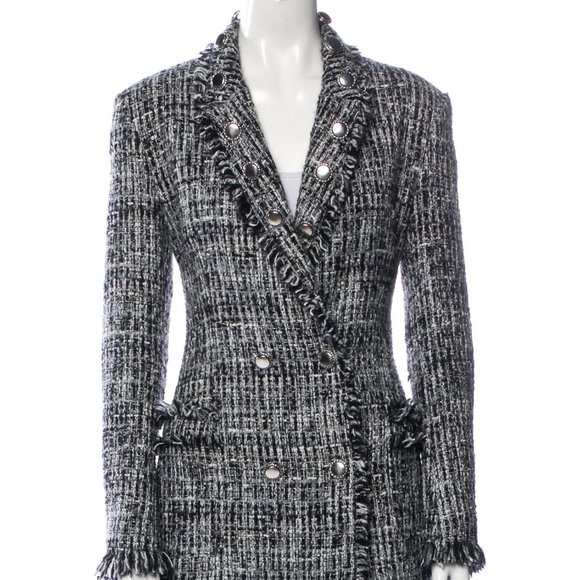 MSGM Black Tweed Pattern Double Breasted Pointed Collar Jacket Blazer Large